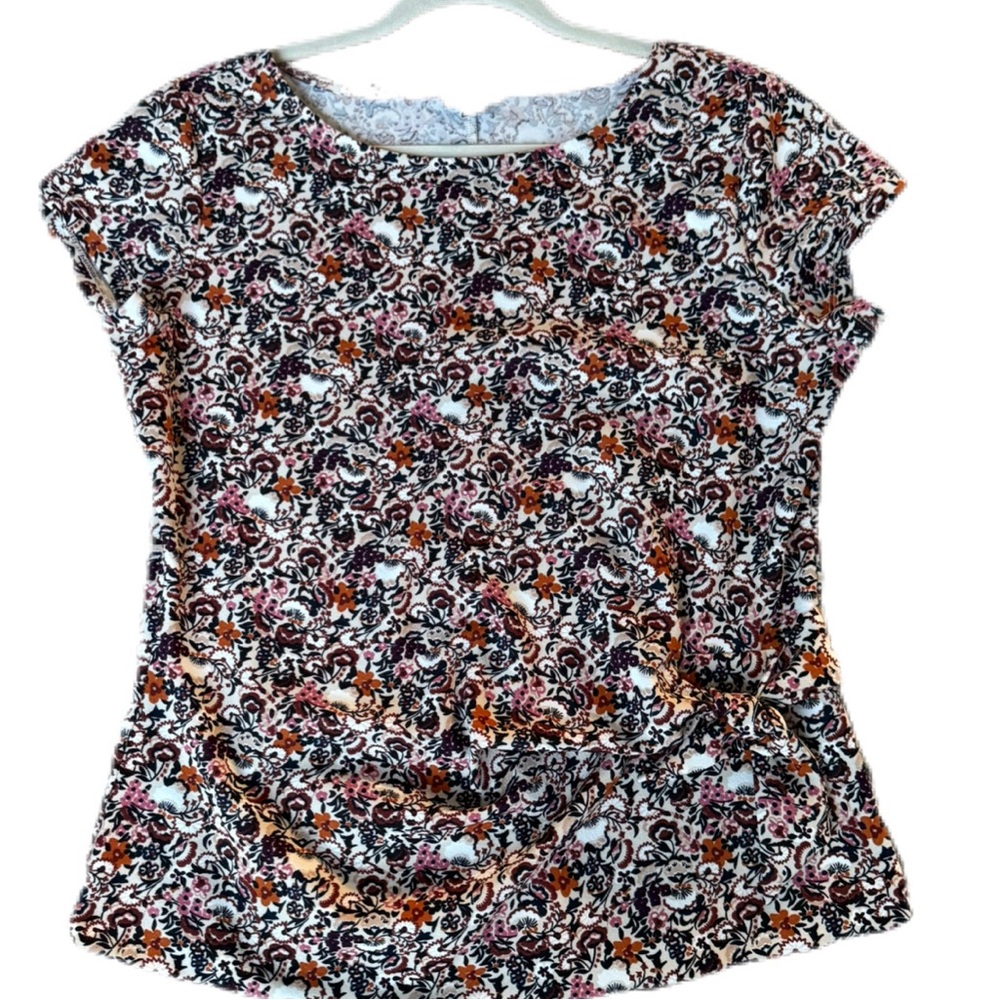 Ann Taylor Factory L Floral Print Tie Waste Blouse Top Beautiful Fall Colors